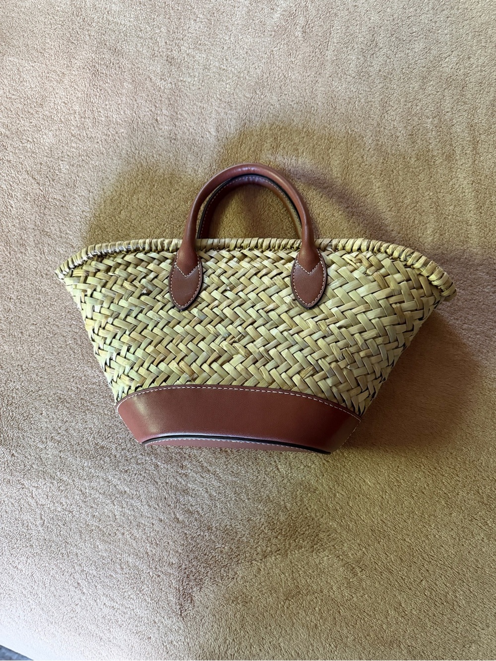 Mango Woven Straw Tote with Brown Leather Trim